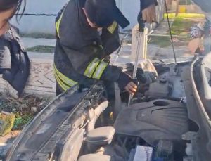 KAPAKLI’DA ARAÇTA MAHSUR KALAN YAVRU KEDİYİ İTFAİYE KURTARDI