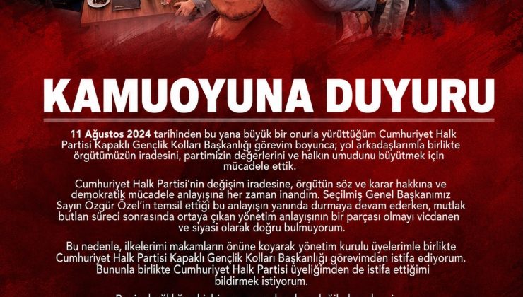 KAPAKLI CUMHURİYET HALK PARTİSİ GENÇLİK KOLLARI BAŞKANI BURAK KURTULDU İSTİFA ETTİ